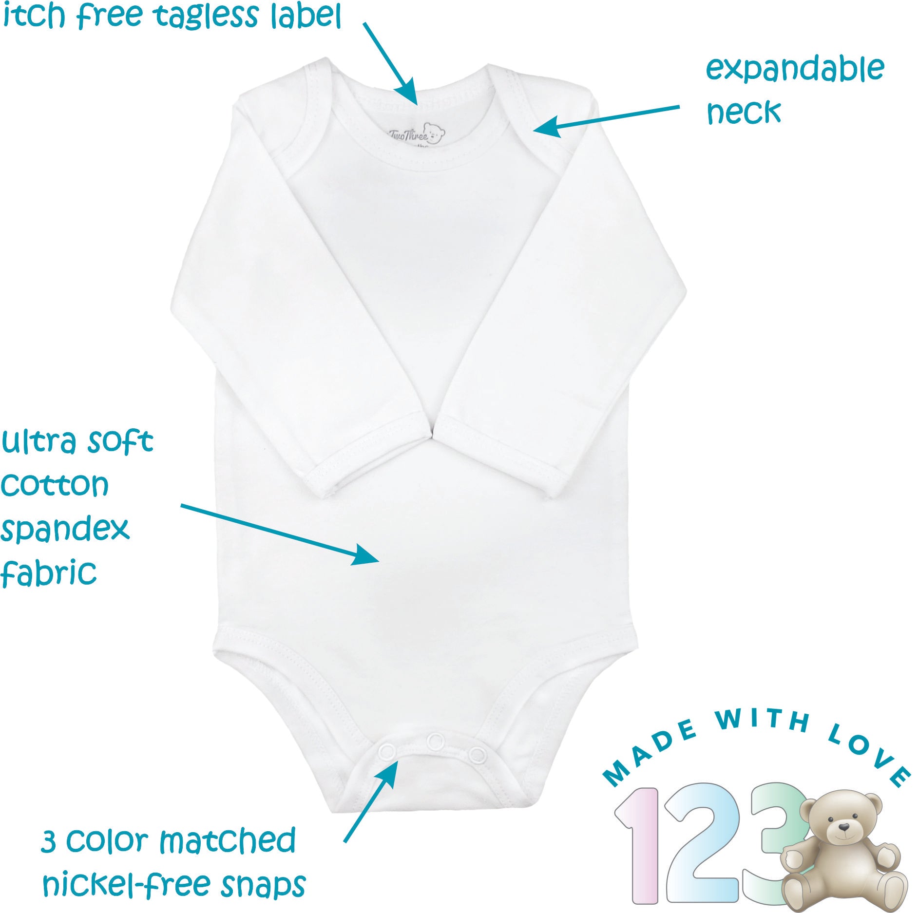 123 Bear Baby Bodysuit / Bodyvest made from soft Cotton Spandex - 3 pack