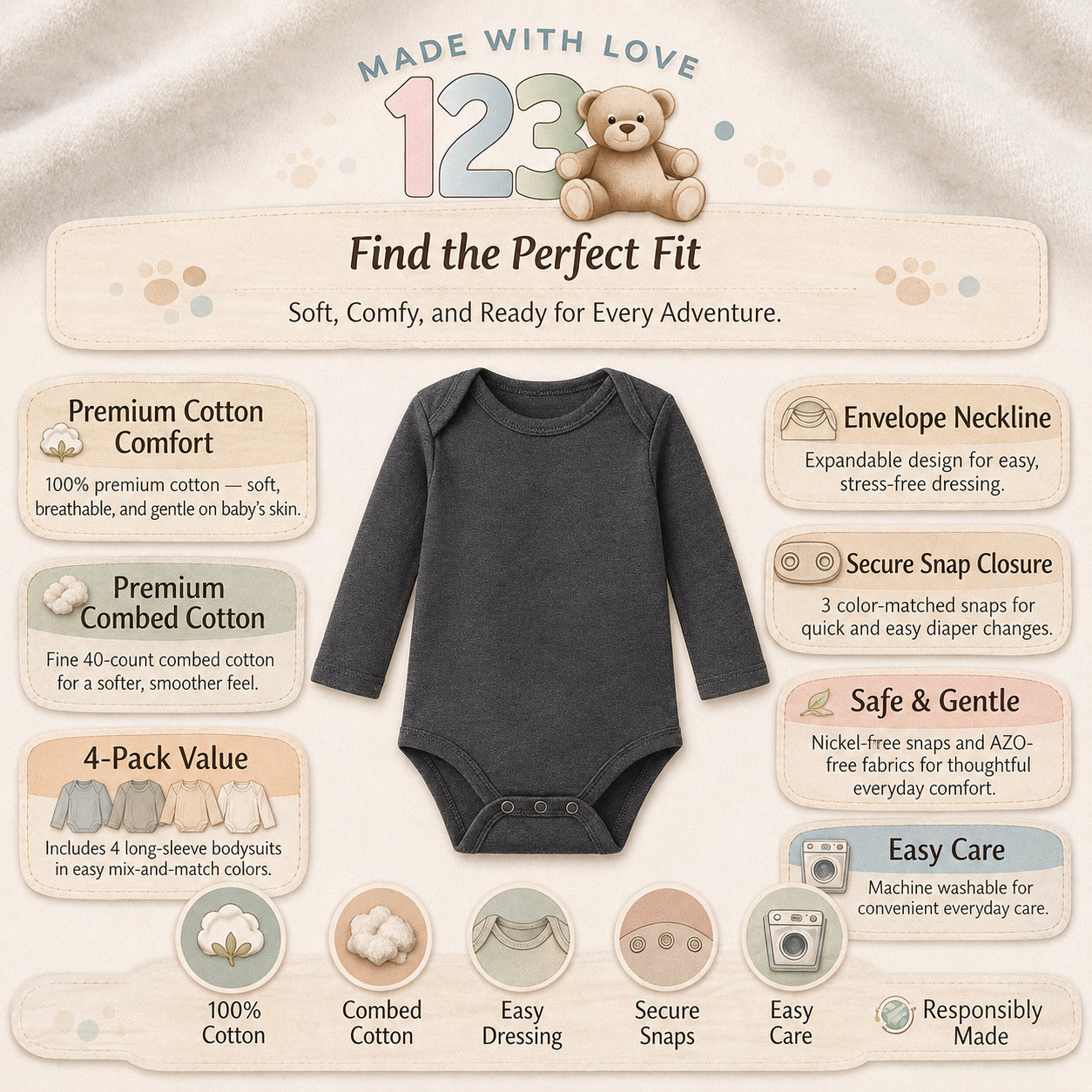 123 Bear Baby 100% Combed Cotton Bodysuits-Girls