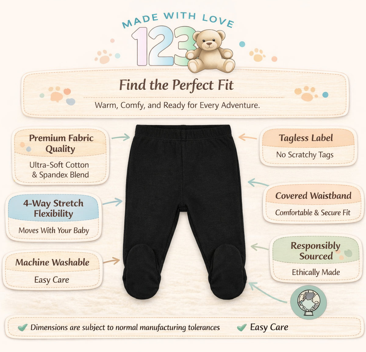 123 Bear Cotton Spandex Baby Pants with feet- 3 Pack(Boys)