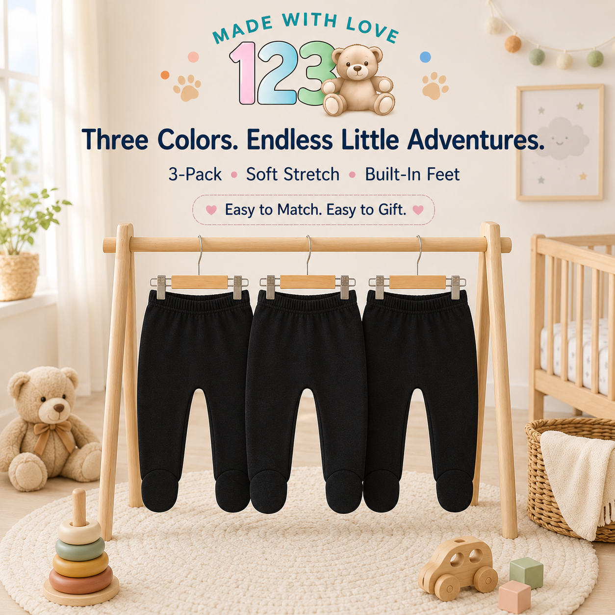 123 Bear Cotton Spandex Baby Pants with feet- 3 Pack(Unisex)