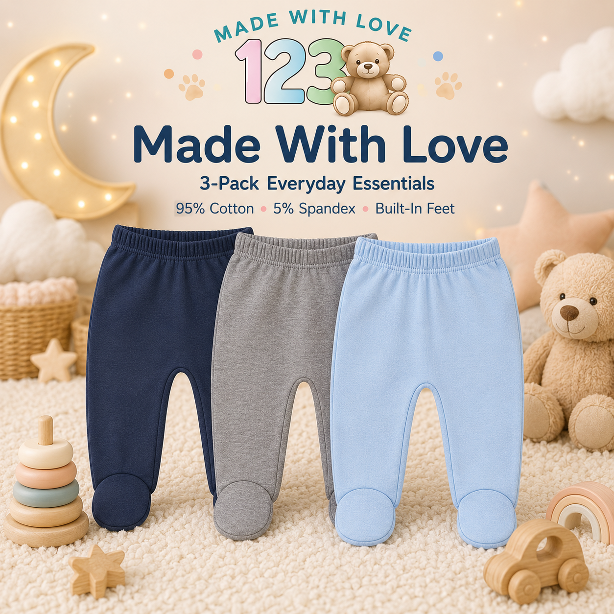 123 Bear Cotton Spandex Baby Pants with feet- 3 Pack(Boys)