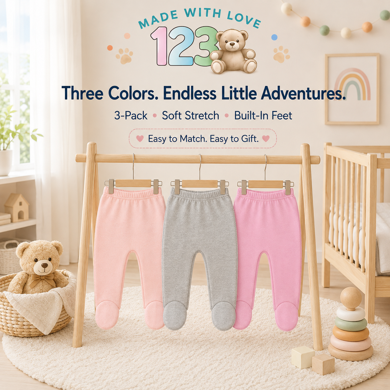 123 Bear Cotton Spandex Baby Pants with feet- 3 Pack(Girls)