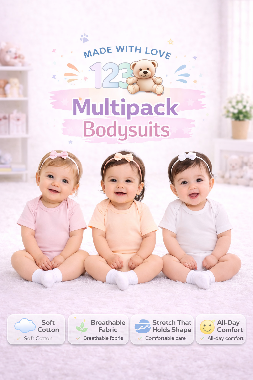 123 Bear Cotton Spandex Baby Bodysuits- Short Sleeve 3 Pack