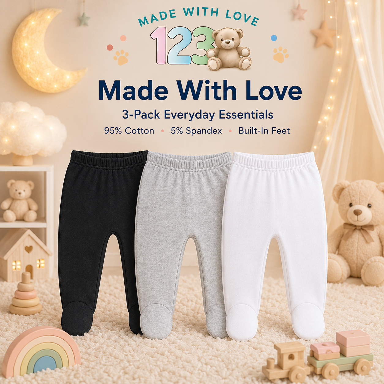 123 Bear Cotton Spandex Baby Pants with feet- 3 Pack(Unisex)