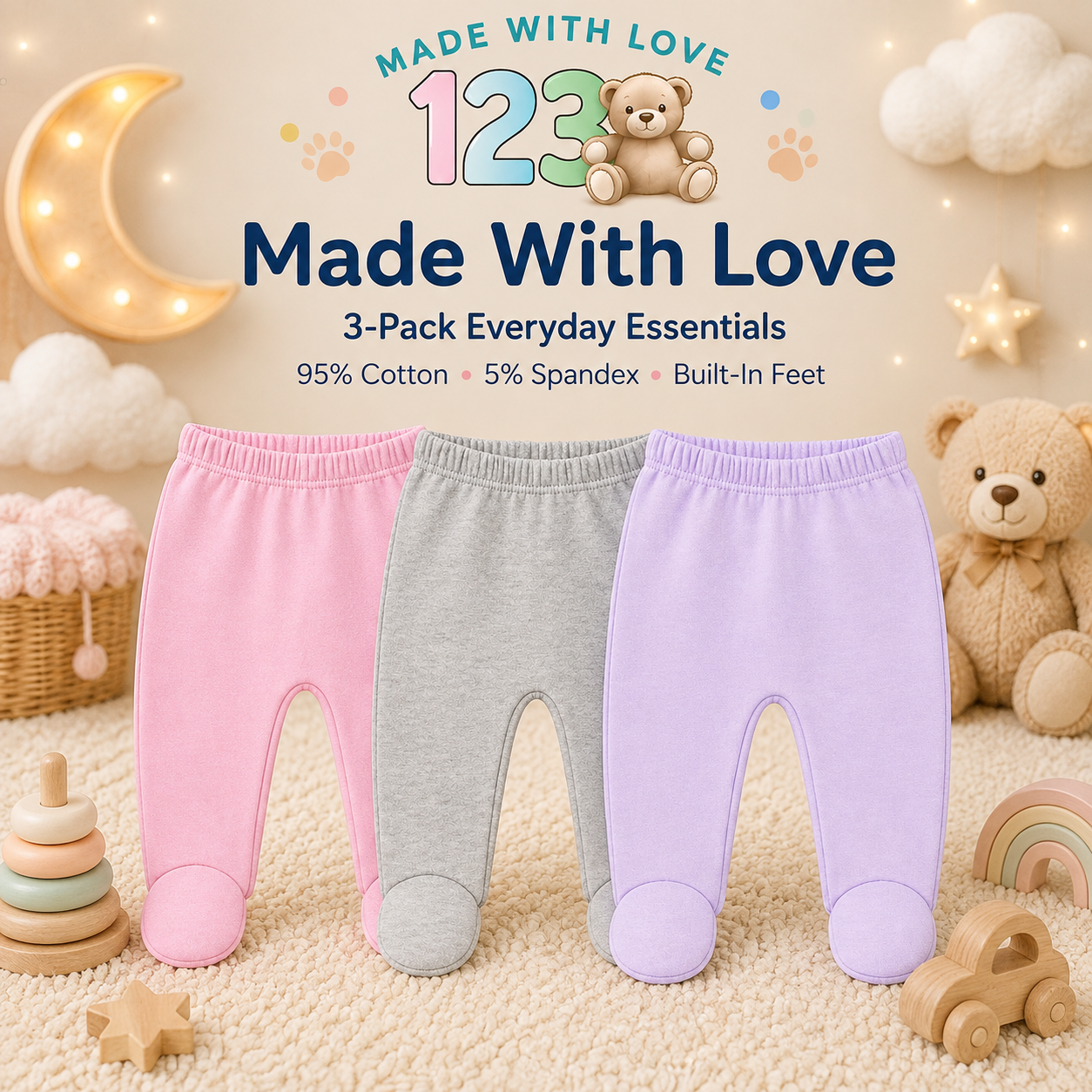 123 Bear Cotton Spandex Baby Pants with feet- 3 Pack(Girls)