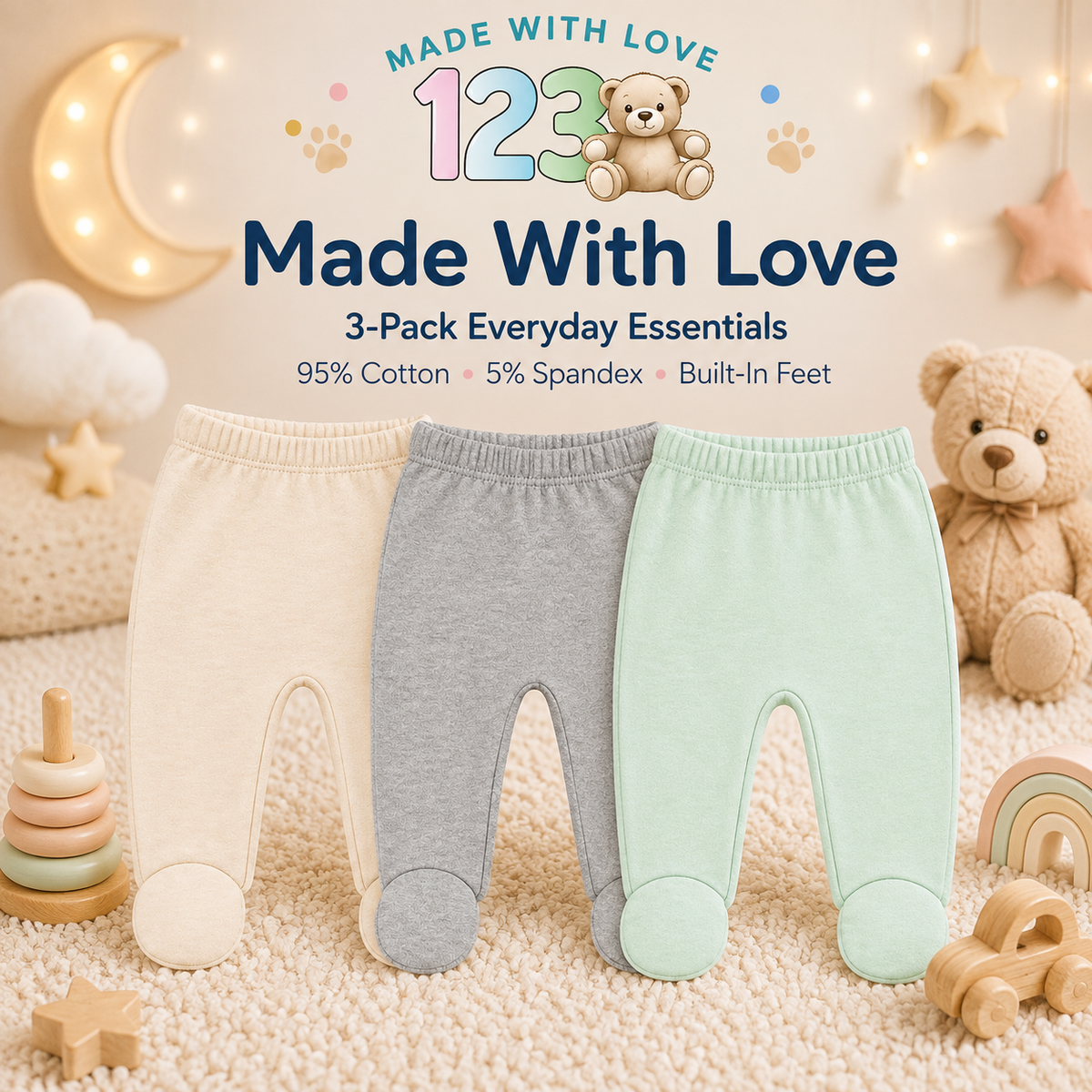 123 Bear Cotton Spandex Baby Pants with feet- 3 Pack(Unisex)