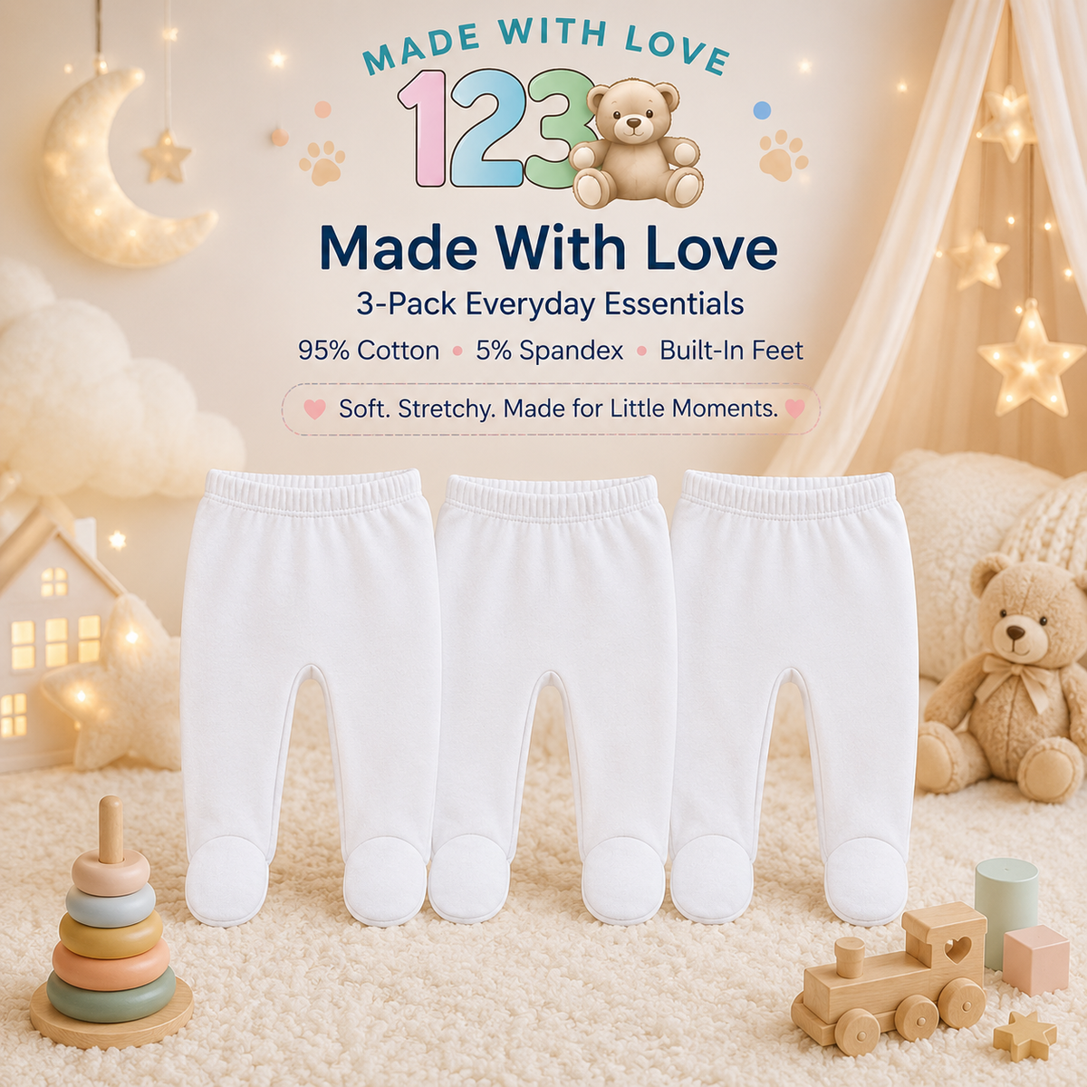 Cotton Spandex Baby Pants with feet 3Pack