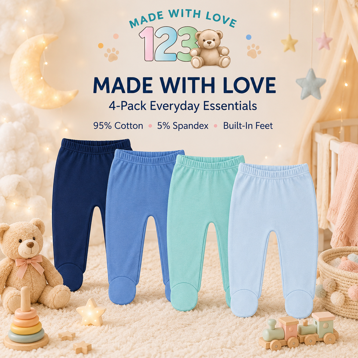 123 Bear Ultra-Soft Cotton Spandex Baby Pants with Feet- 4 Pack(Boys)