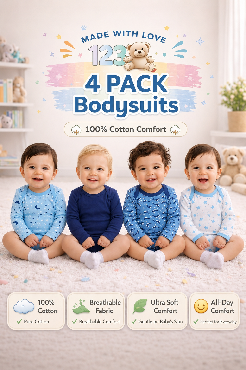 123 Bear Baby 100% Combed Cotton Bodysuits-Boys