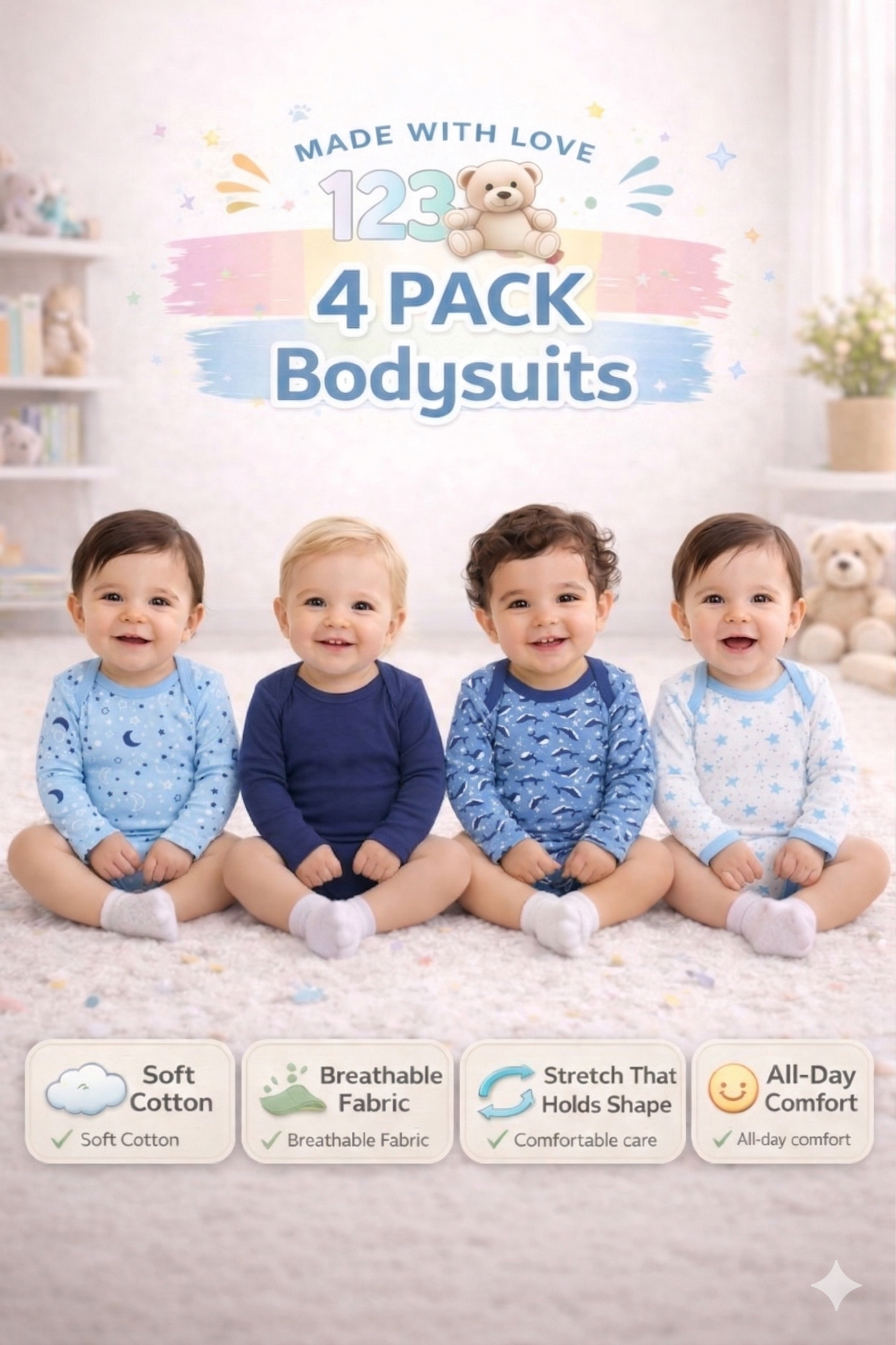 123 Bear Baby 100% Combed Cotton Bodysuits