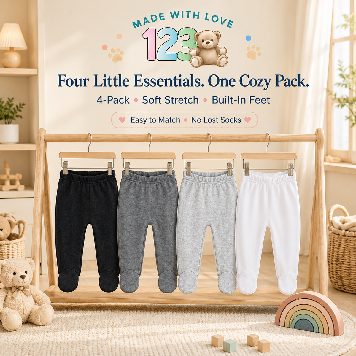 123 Bear Ultra-Soft Cotton Spandex Baby Pants with Feet- 4 Pack(Unisex)