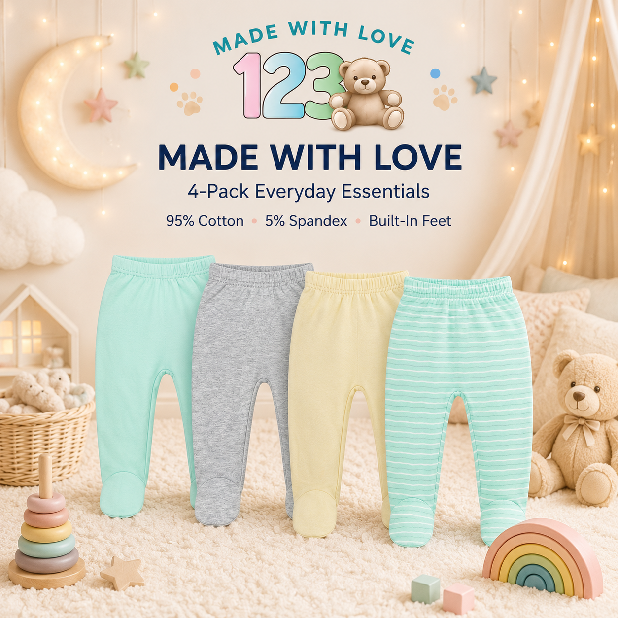 123 Bear Ultra-Soft Cotton Spandex Baby Pants with Feet- 4 Pack(Unisex)