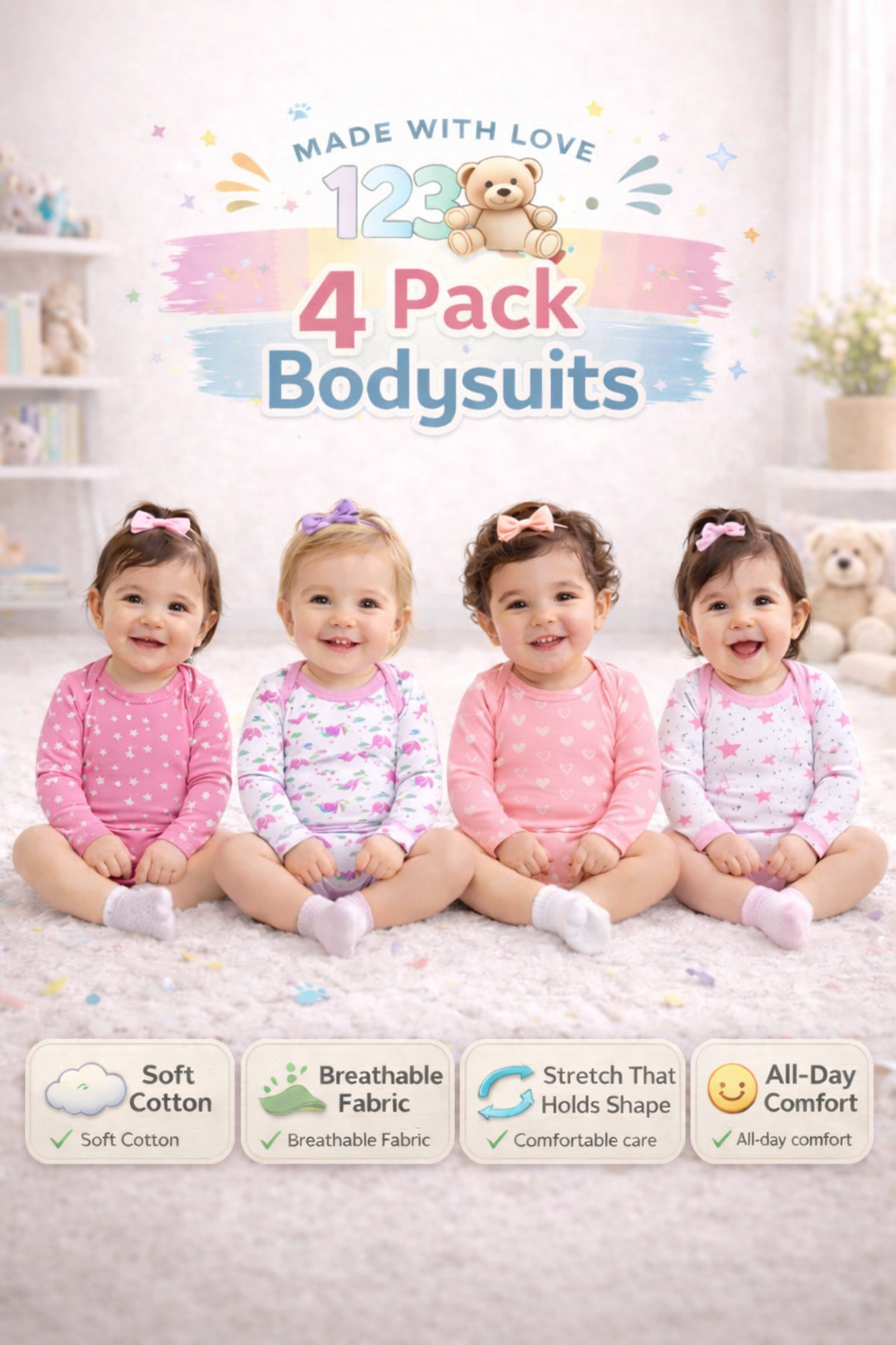 123 Bear Baby 100% Combed Cotton Bodysuits