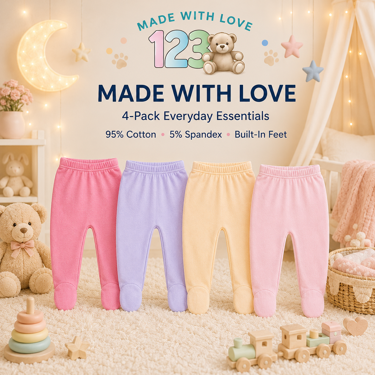123 Bear Ultra-Soft Cotton Spandex Baby Pants with Feet- 4 Pack(Girls)