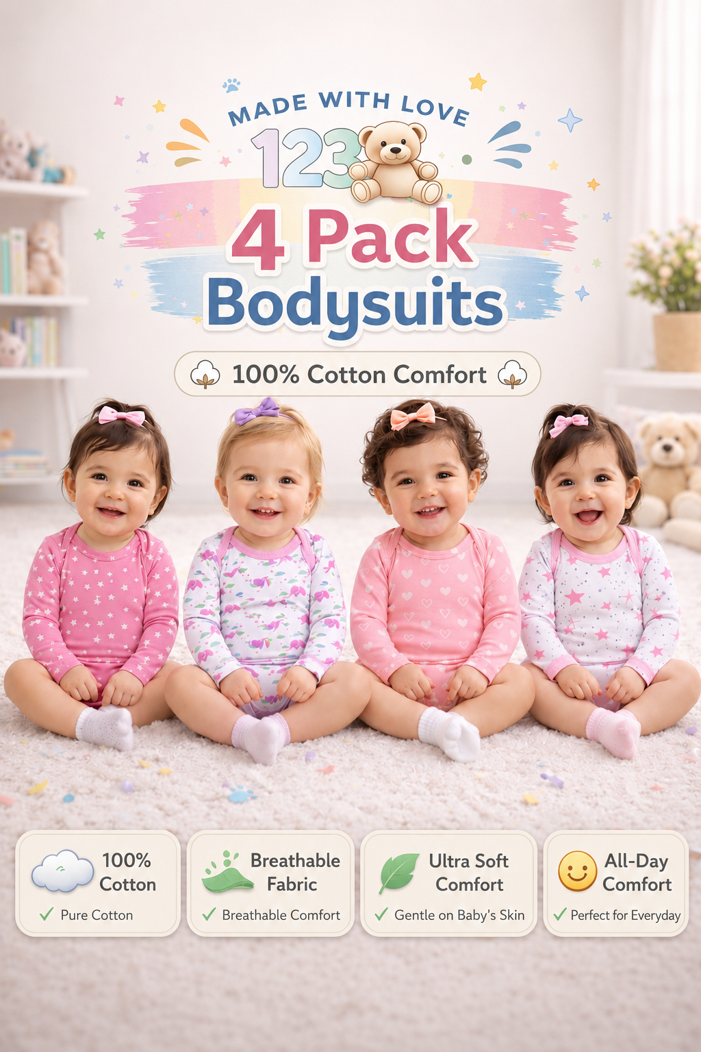 123 Bear Baby 100% Combed Cotton Bodysuits-Girls