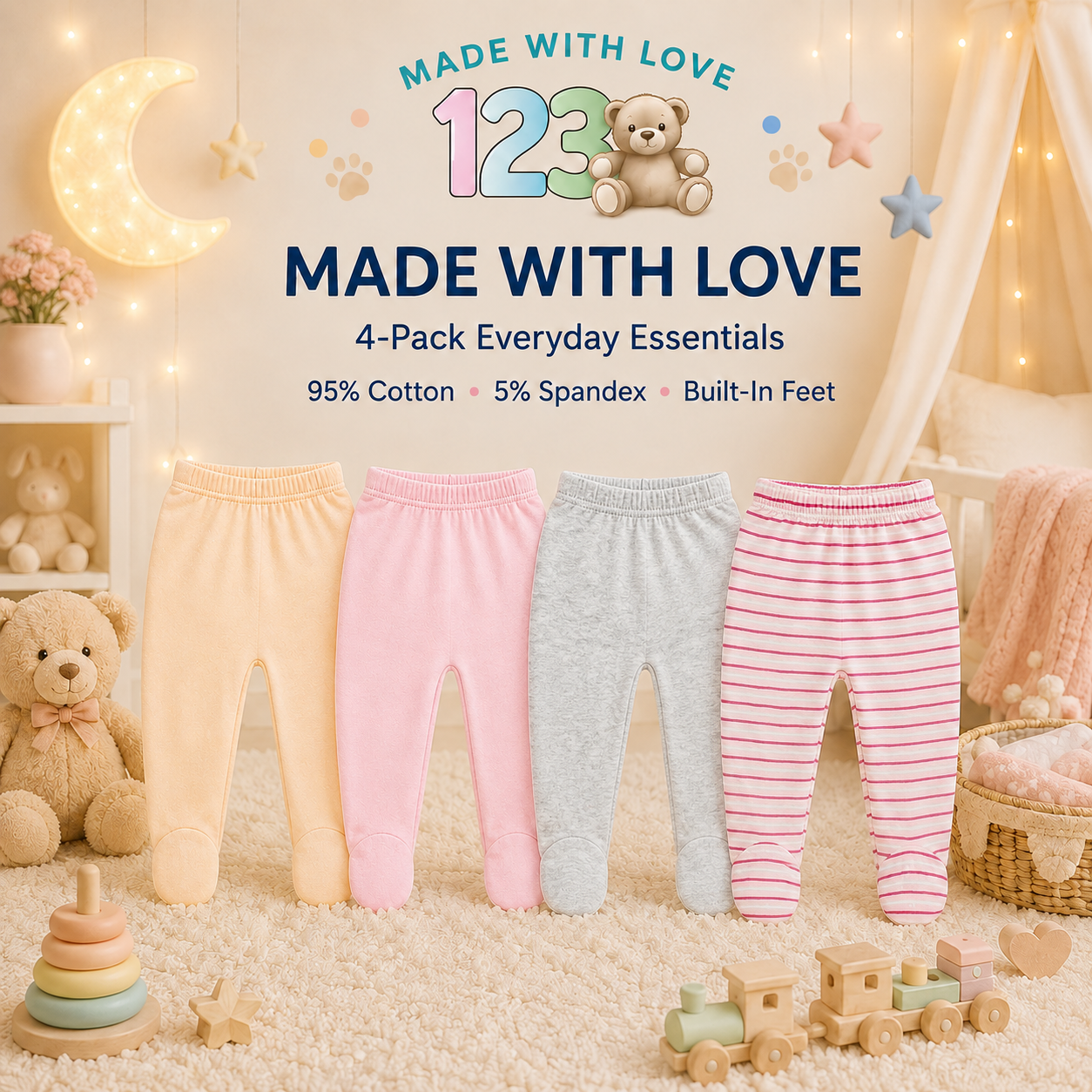 123 Bear Ultra-Soft Cotton Spandex Baby Pants with Feet- 4 Pack(Girls)