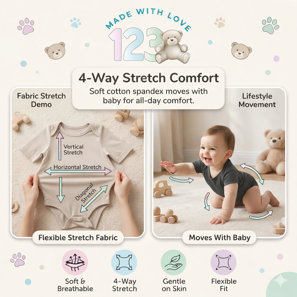 123 Bear Cotton Spandex Baby Bodysuits- Short Sleeve 3 Pack