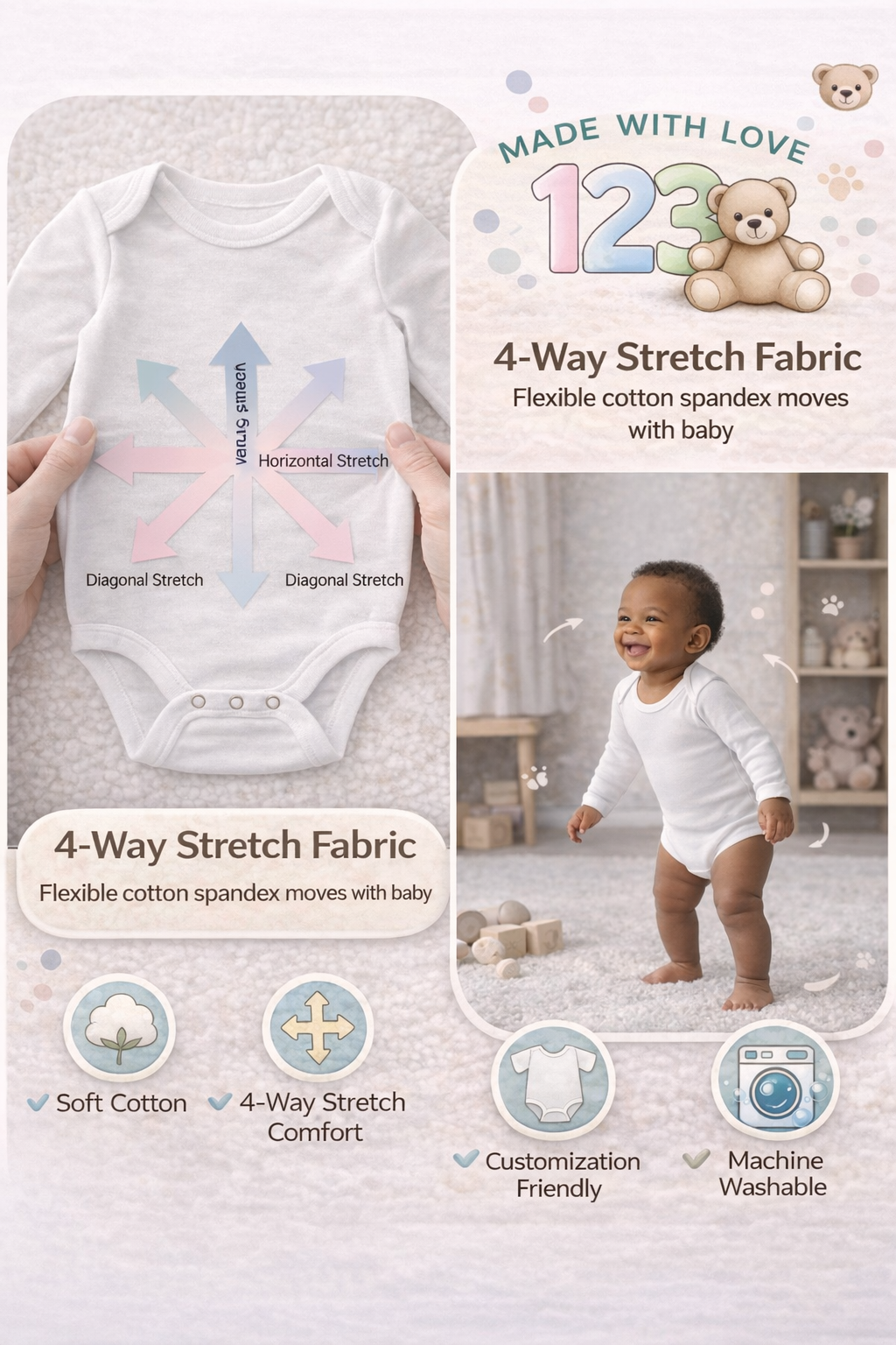 123 Bear Baby 100% Combed Cotton Bodysuits
