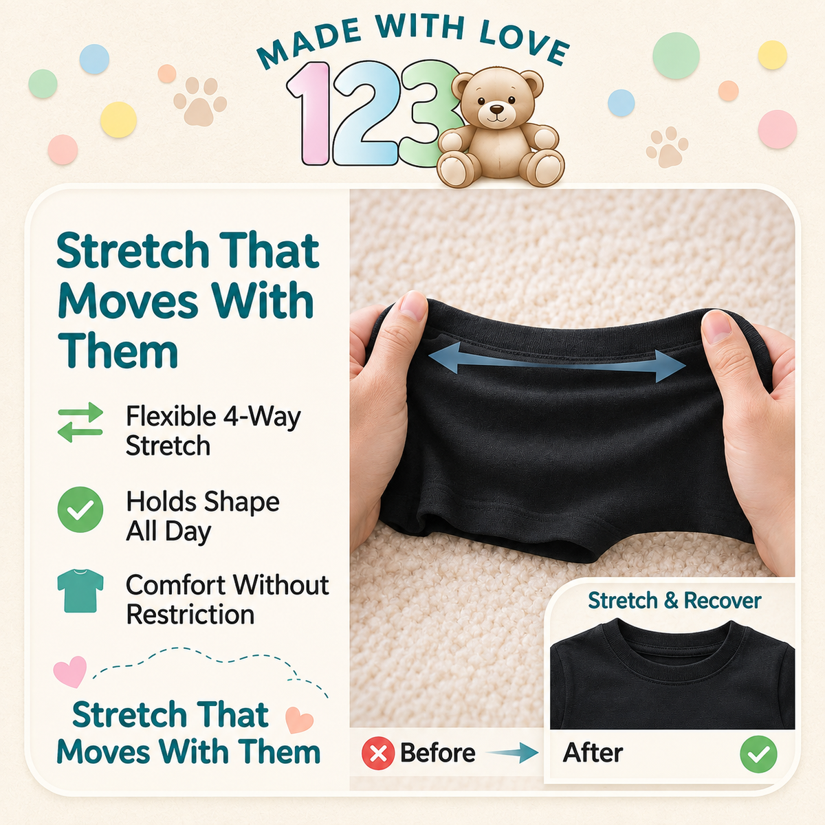 123 Bear Infant & Toddler Soft Cotton Spandex Long Sleeve T-Shirts for Boys & Girls