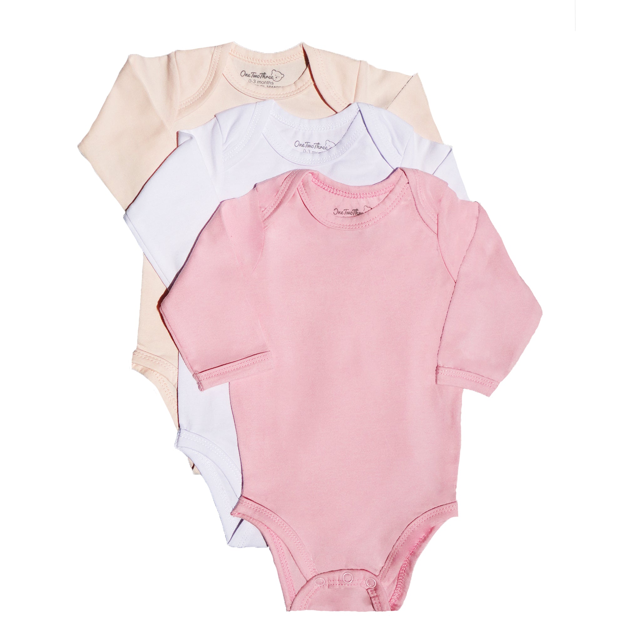 123 Bear Cotton Spandex Baby Bodysuits-Long Sleeve 3 Pack