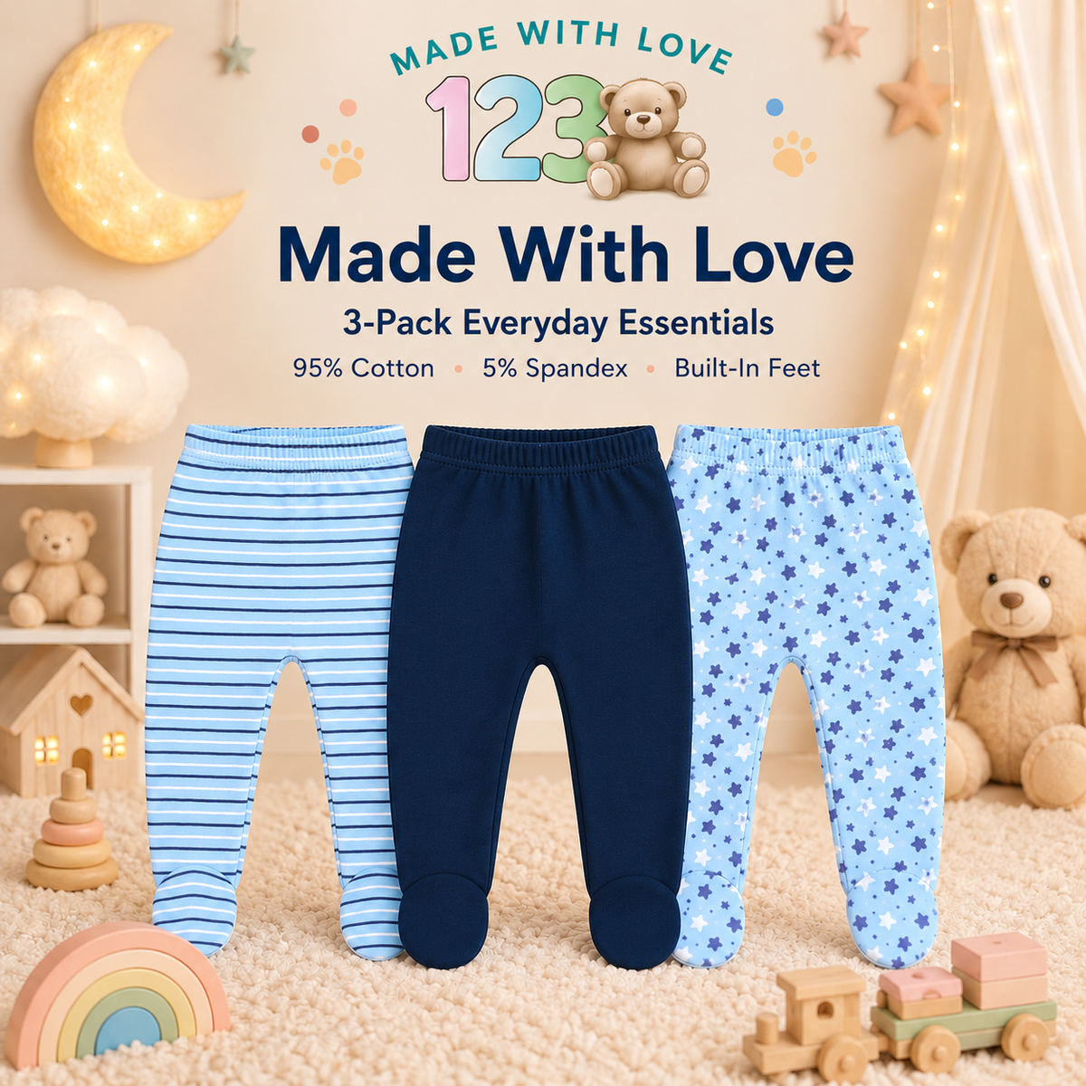 123 Bear Cotton Spandex Baby Pants with feet- 3 Pack(Boys)