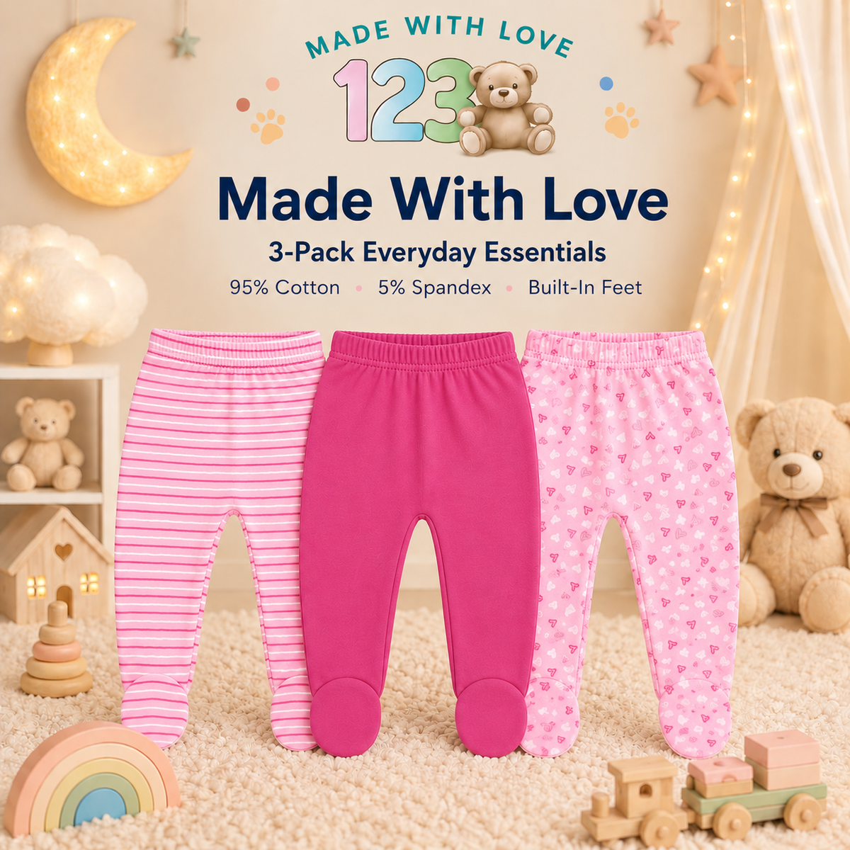 Cotton Spandex Baby Pants with feet 3Pack