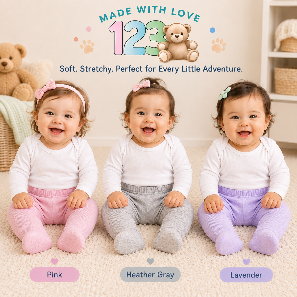 123 Bear Cotton Spandex Baby Pants with feet- 3 Pack(Girls)