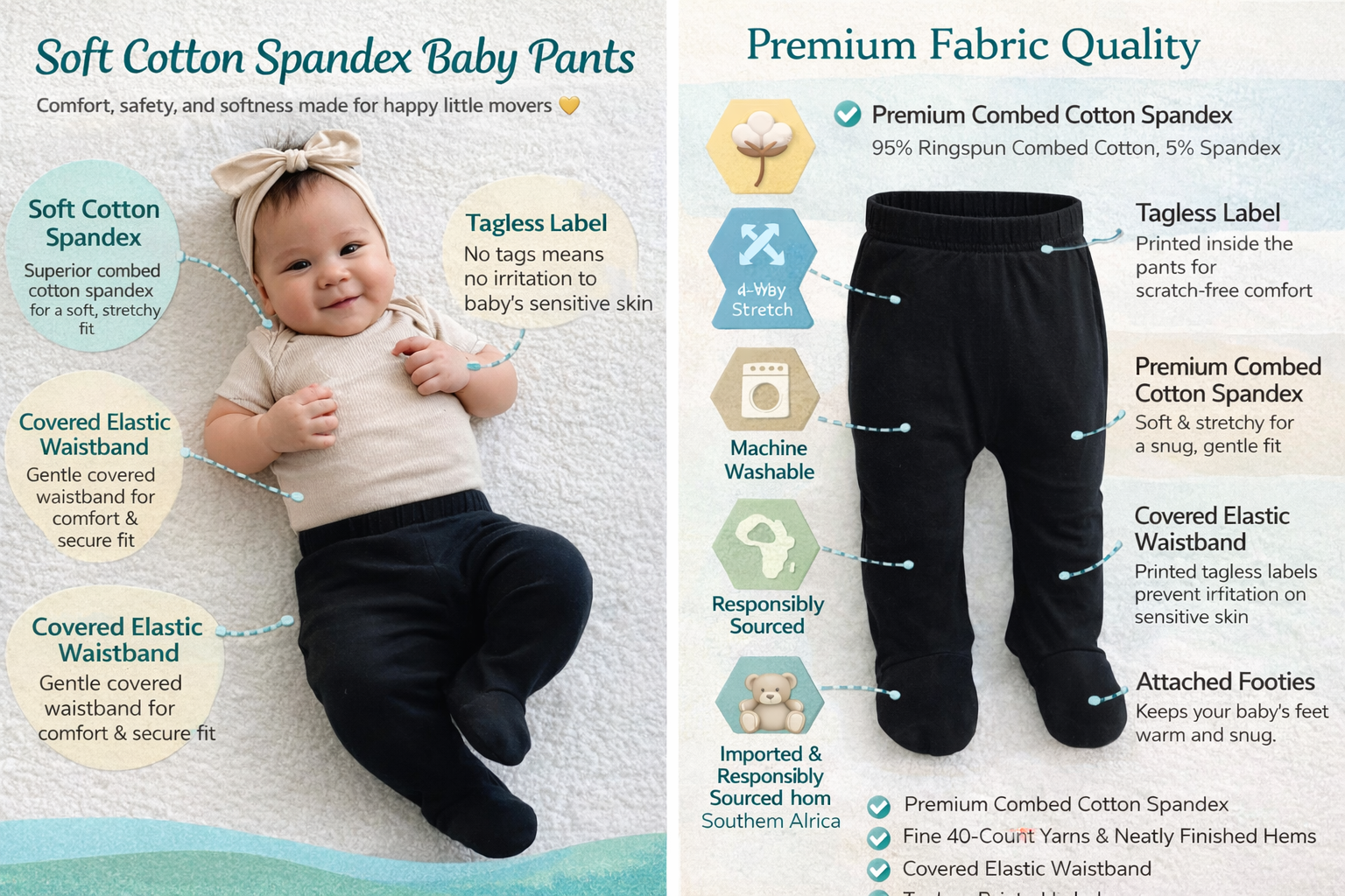 123 Bear Ultra-Soft Cotton Spandex Baby Pants with Feet- 4 Pack