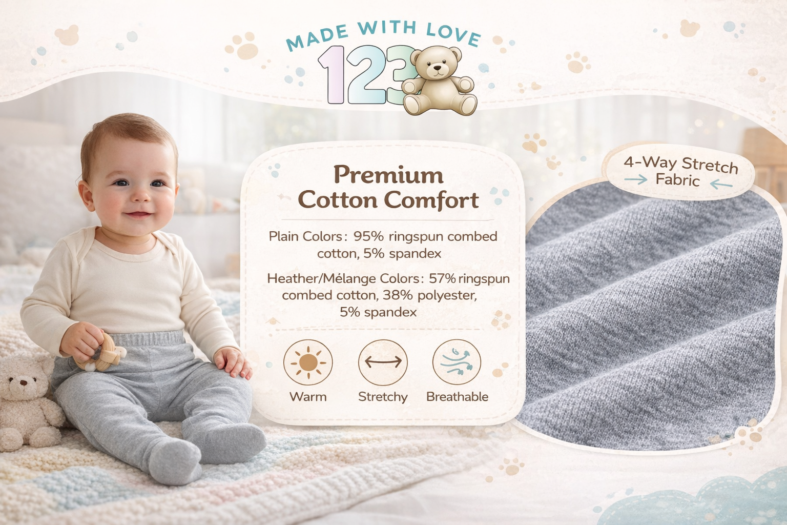123 Bear Baby 100% Combed Cotton Bodysuits