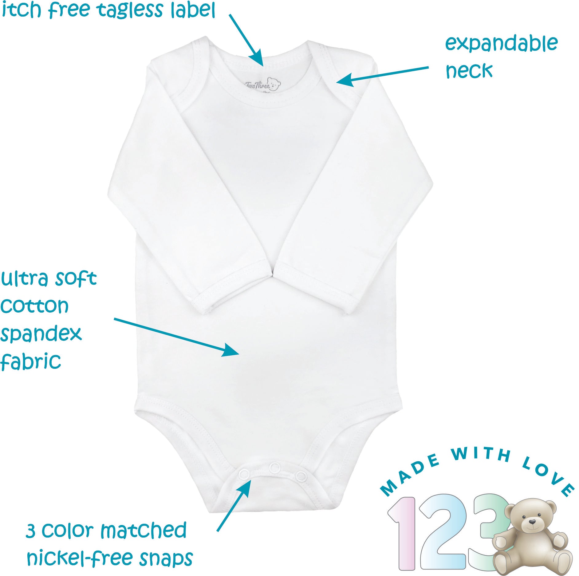 123 Bear Cotton Spandex Baby Bodysuits- Long Sleeve 3 Pack