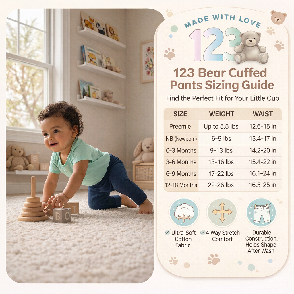 123 Bear Ultra-Soft Cotton Spandex Baby Pants with Feet- 4 Pack
