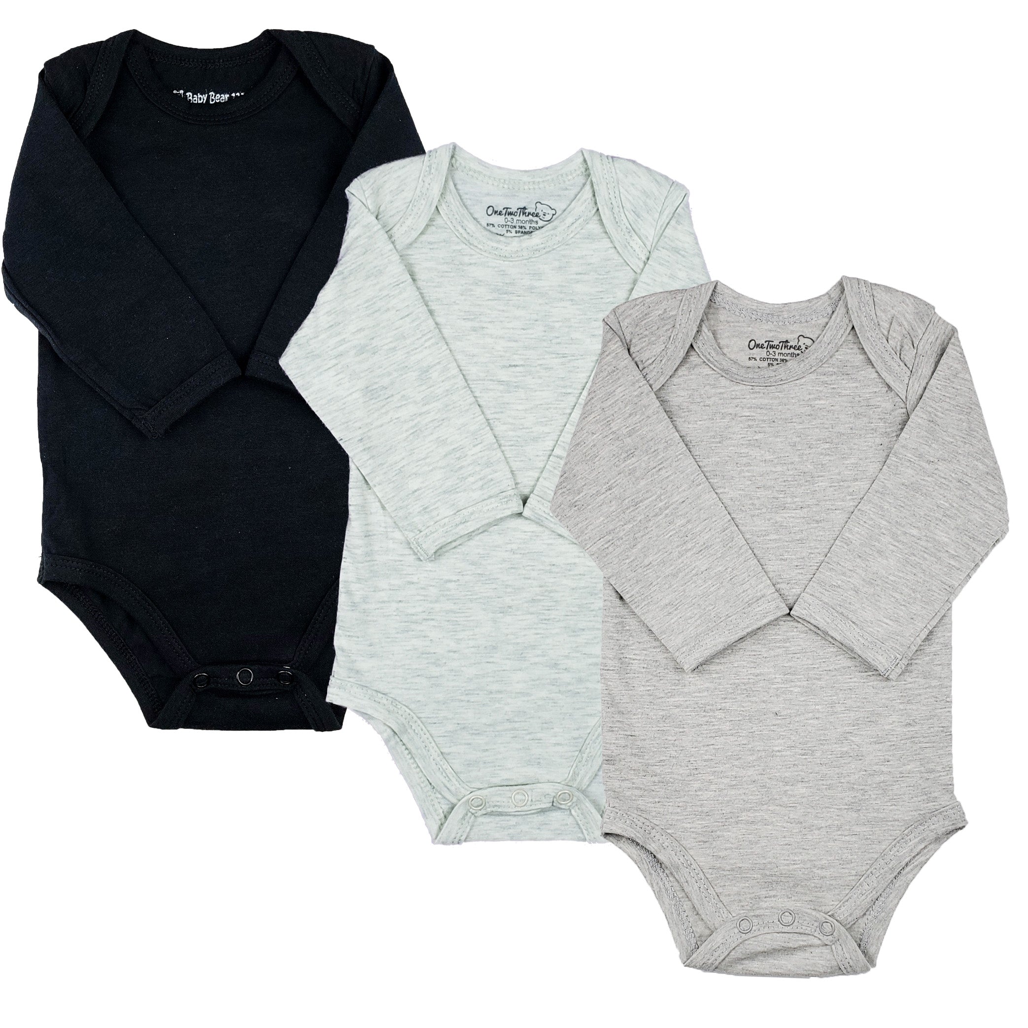 123 Bear Cotton Spandex Baby Bodysuits- Long Sleeve 3 Pack