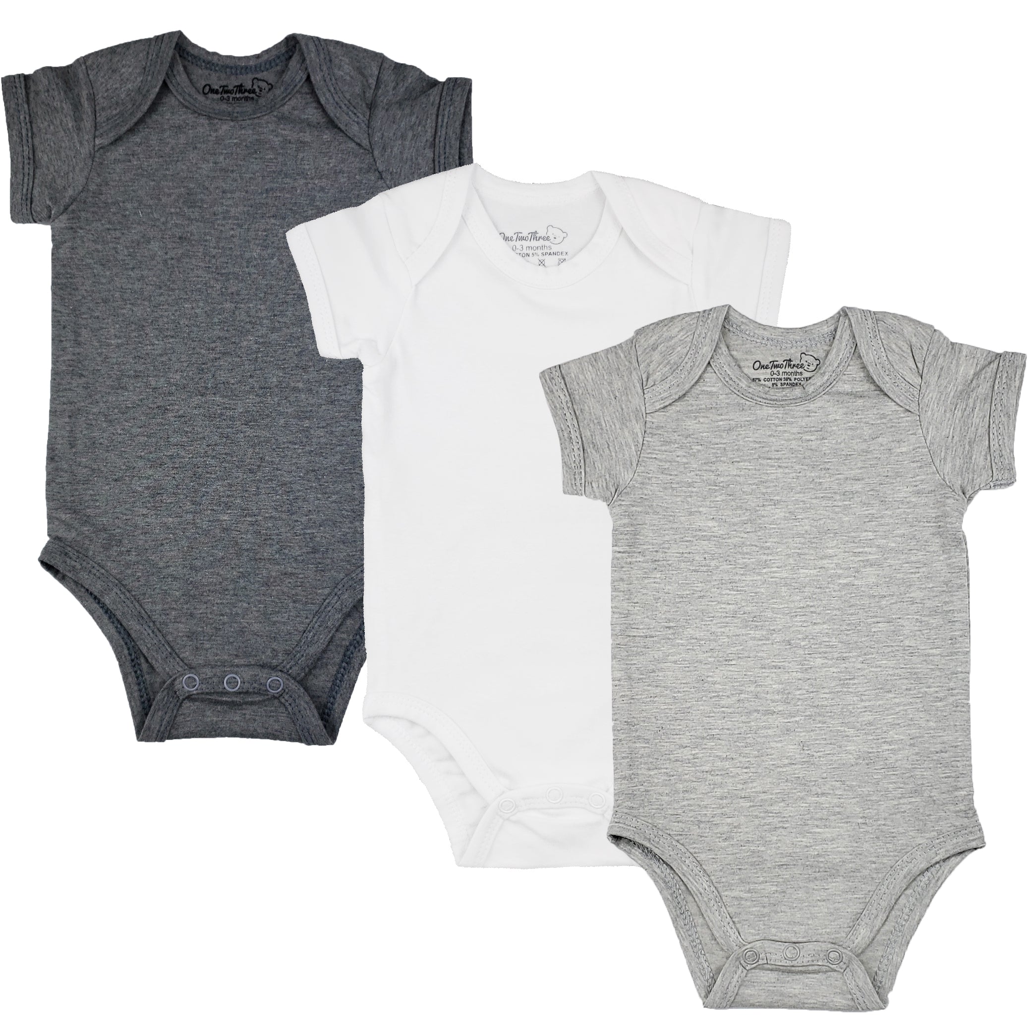 123 Bear Cotton Spandex Baby Bodysuits- Short Sleeve 3 Pack