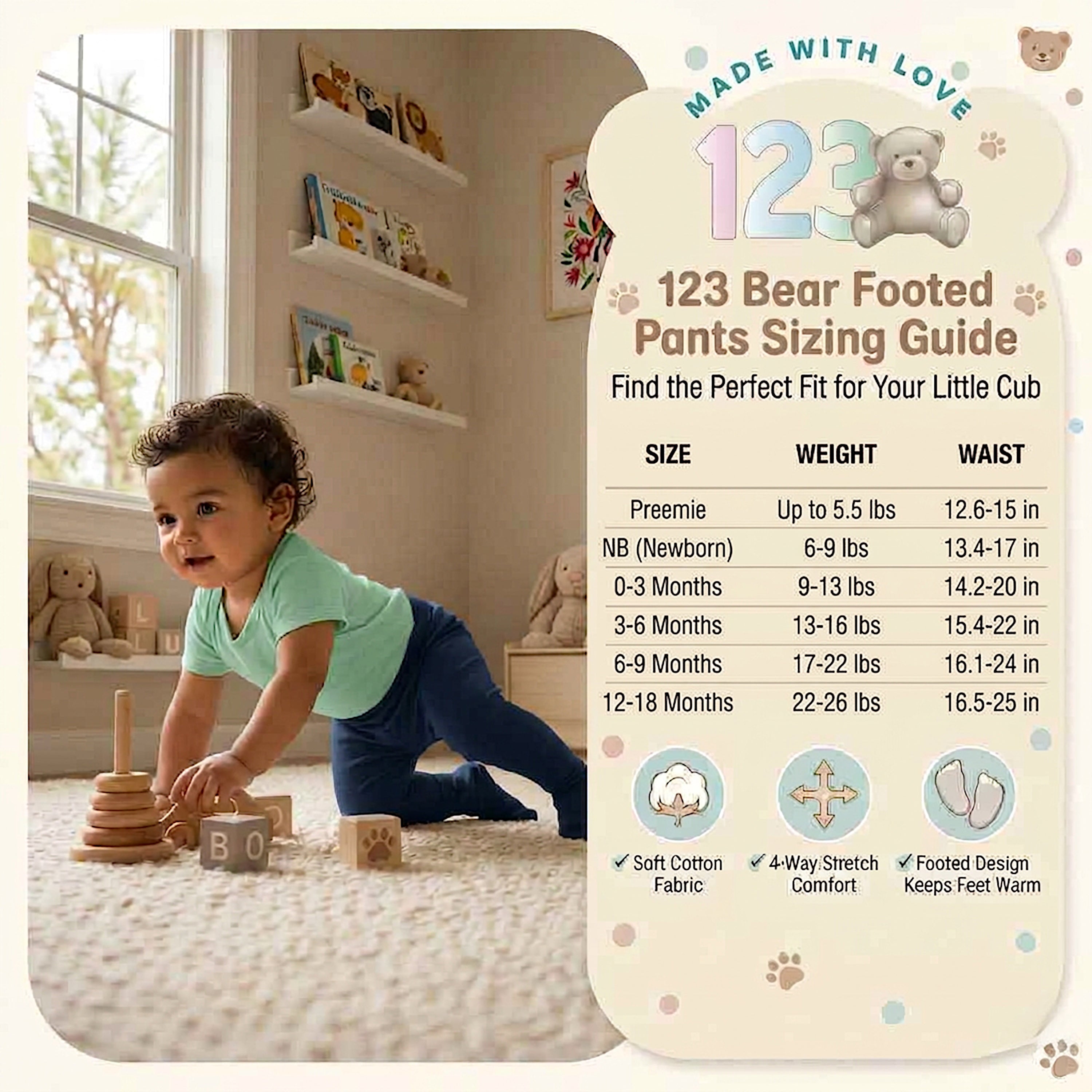 123 Bear Ultra-Soft Cotton Spandex Baby Pants with Feet- 4 Pack