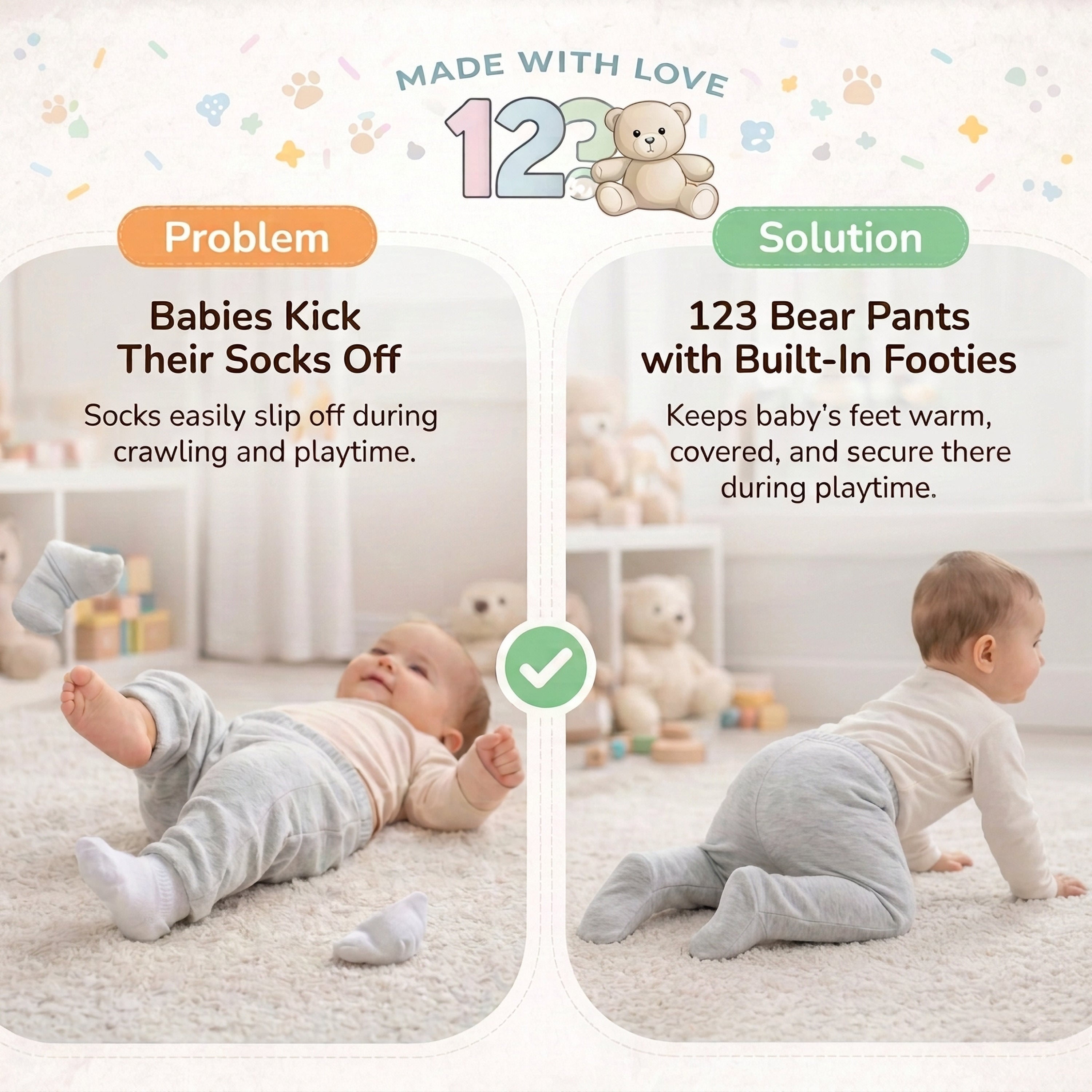 123 Bear Cotton Spandex Baby Pants with feet- 3 Pack