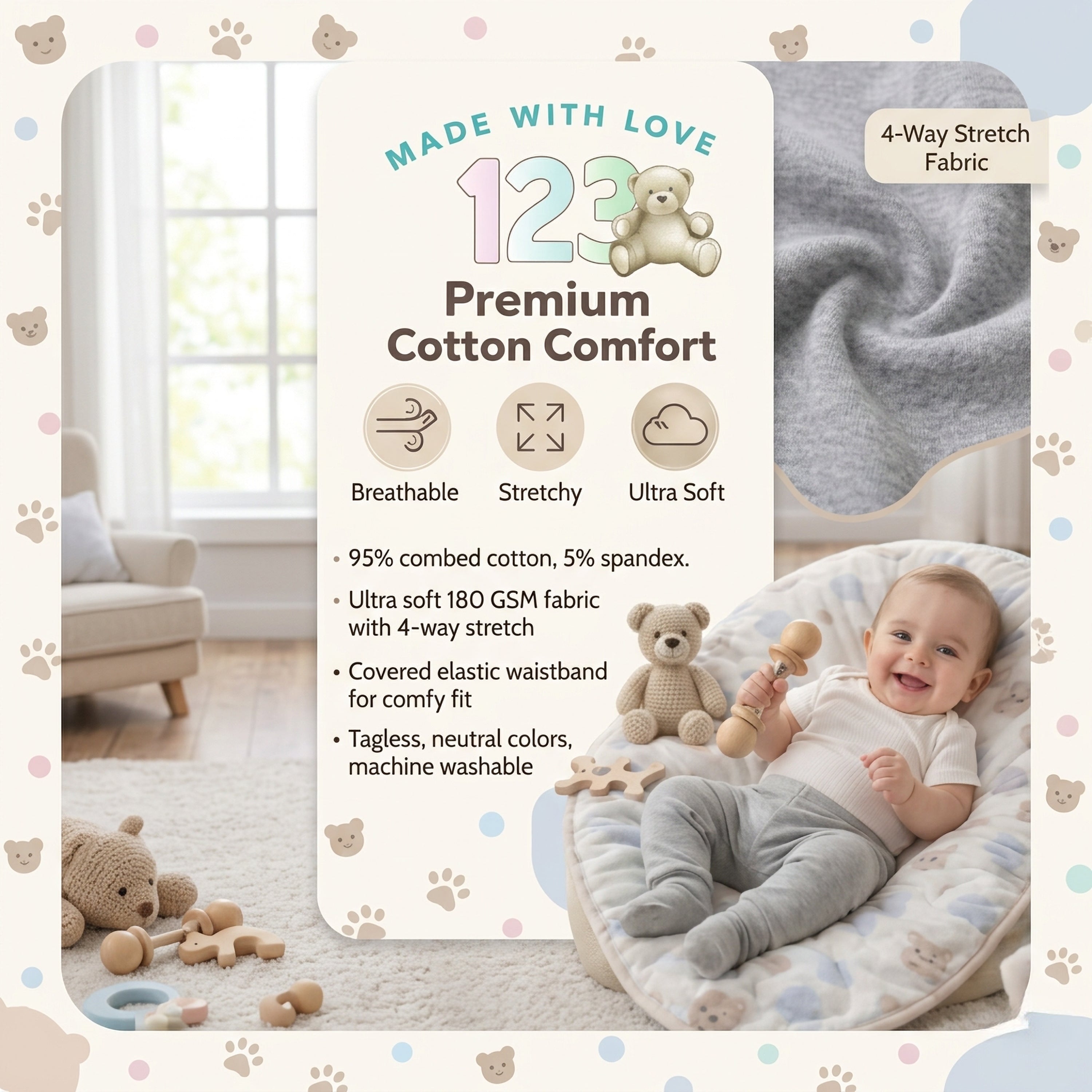 123 Bear Cotton Spandex Baby Pants with feet- 3 Pack