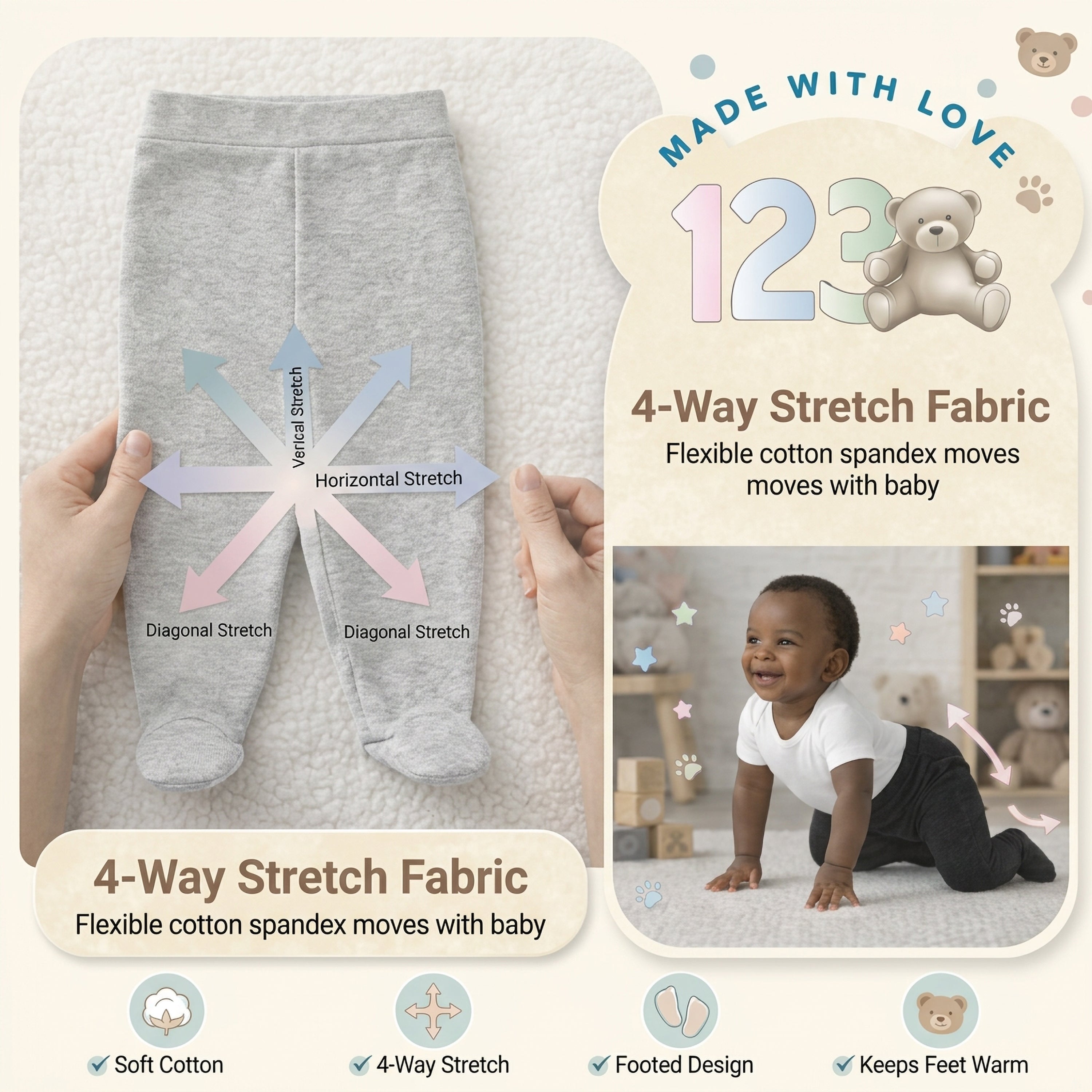123 Bear Cotton Spandex Baby Pants with feet- 3 Pack