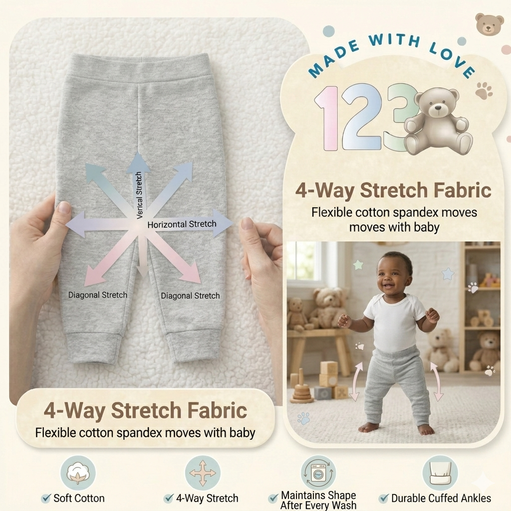 123 Bear Ultra-Soft Cotton Spandex Baby Pants- Multipack