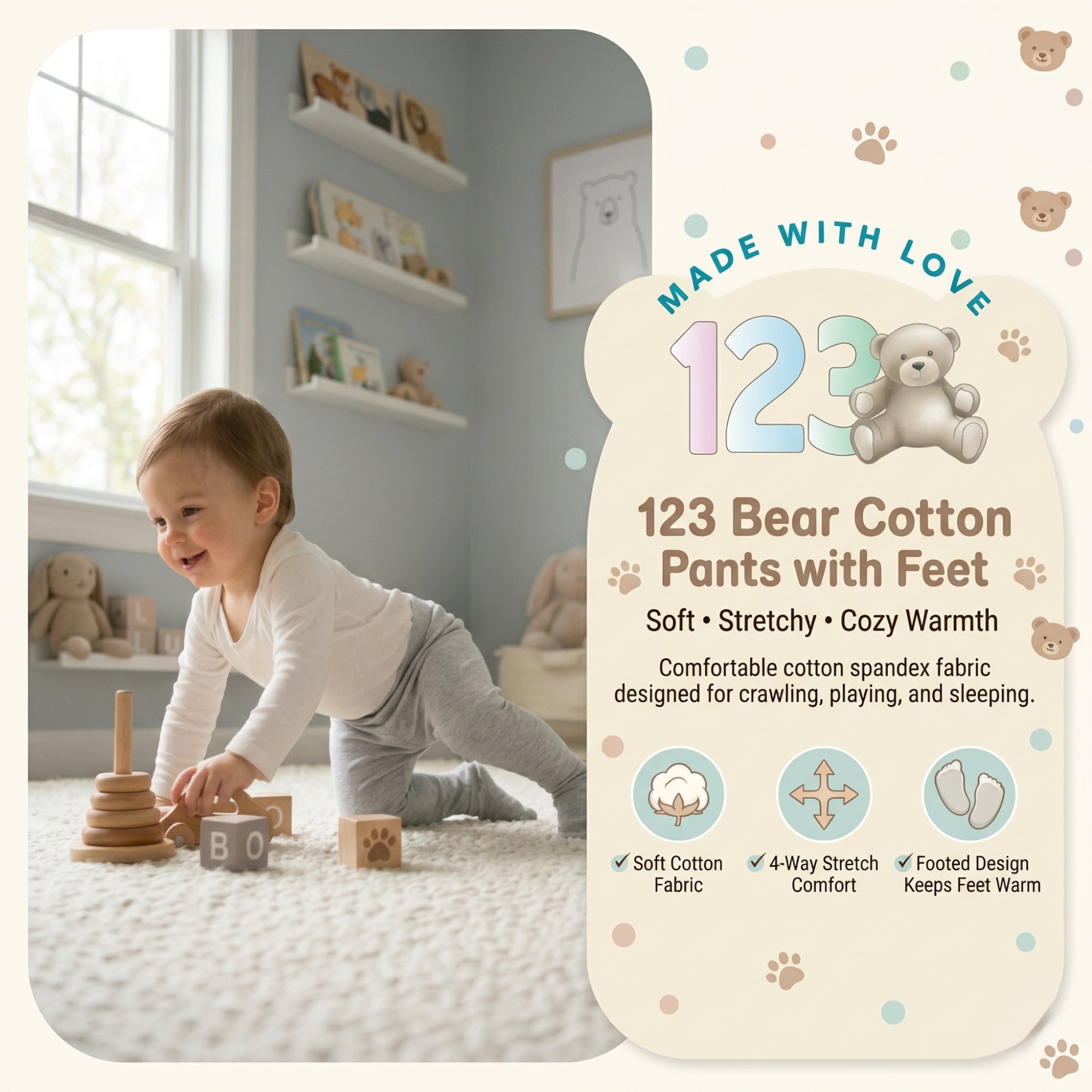 123 Bear Ultra-Soft Cotton Spandex Baby Pants with Feet- 4 Pack
