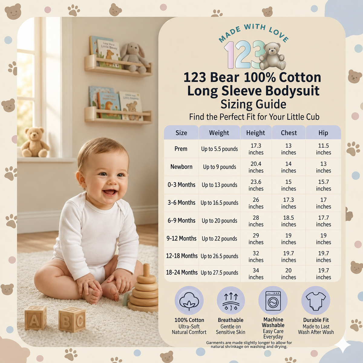 123 Bear Baby 100% Combed Cotton Bodysuits-Girls