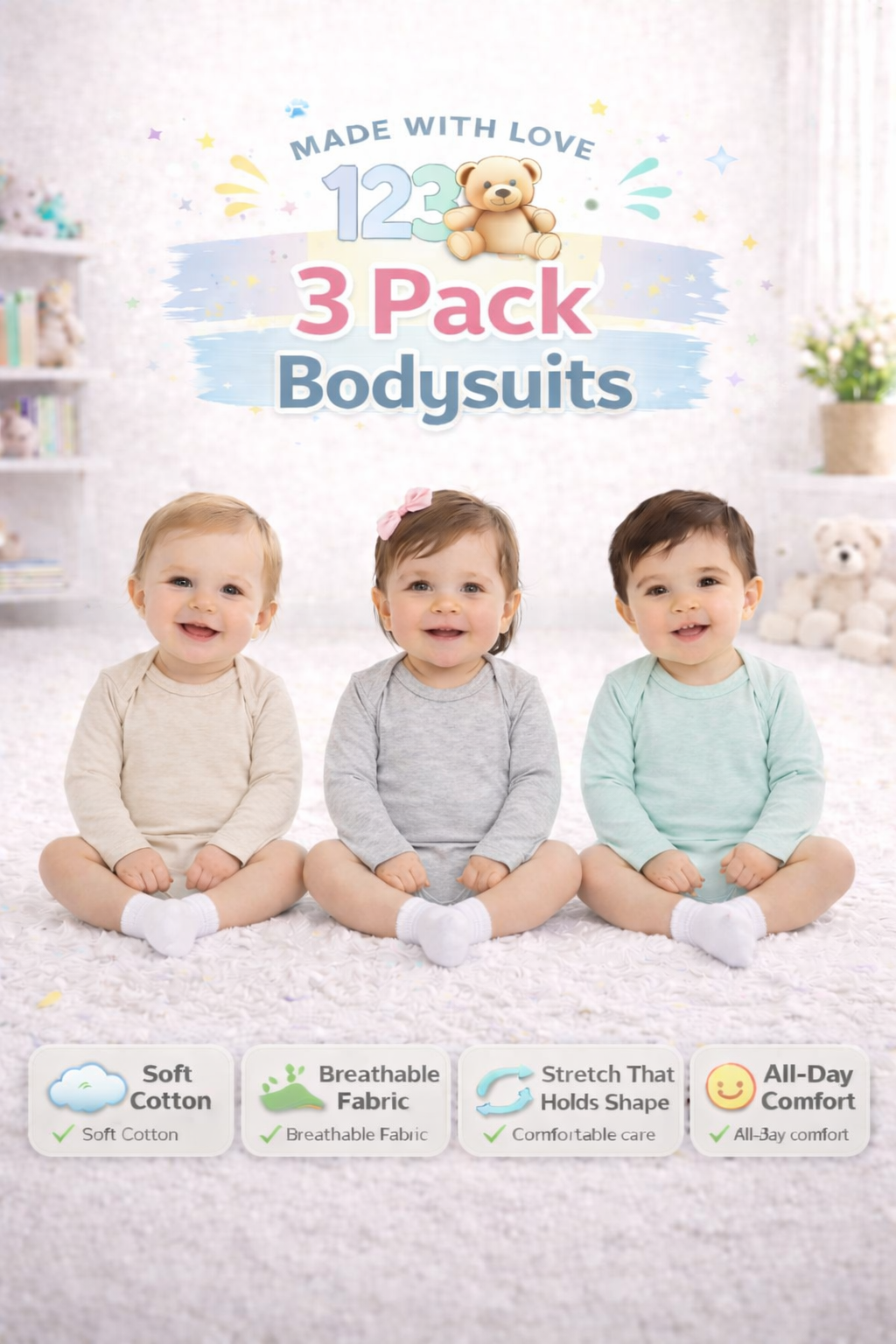 123 Bear Cotton Spandex Baby Bodysuits-Long Sleeve 3 Pack