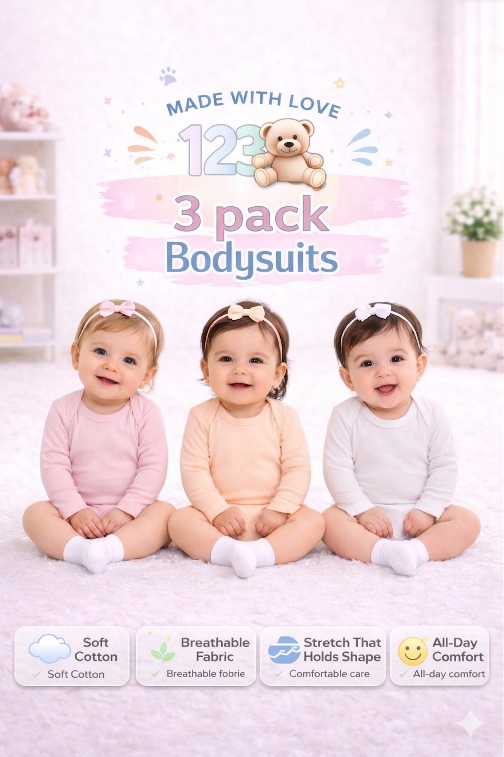123 Bear Cotton Spandex Baby Bodysuits-Long Sleeve 3 Pack
