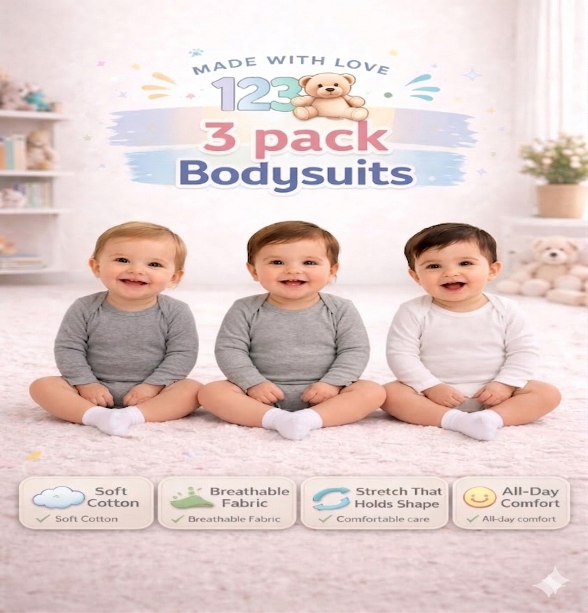123 Bear Cotton Spandex Baby Bodysuits-Long Sleeve 3 Pack