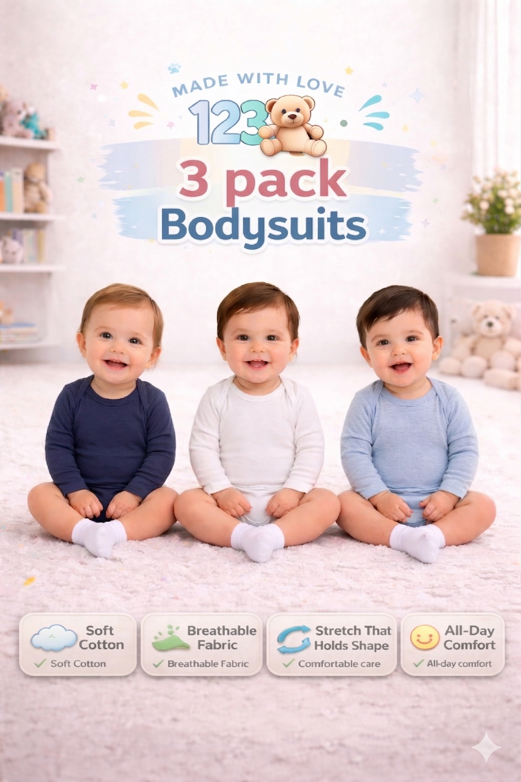 123 Bear Cotton Spandex Baby Bodysuits- Long Sleeve 3 Pack
