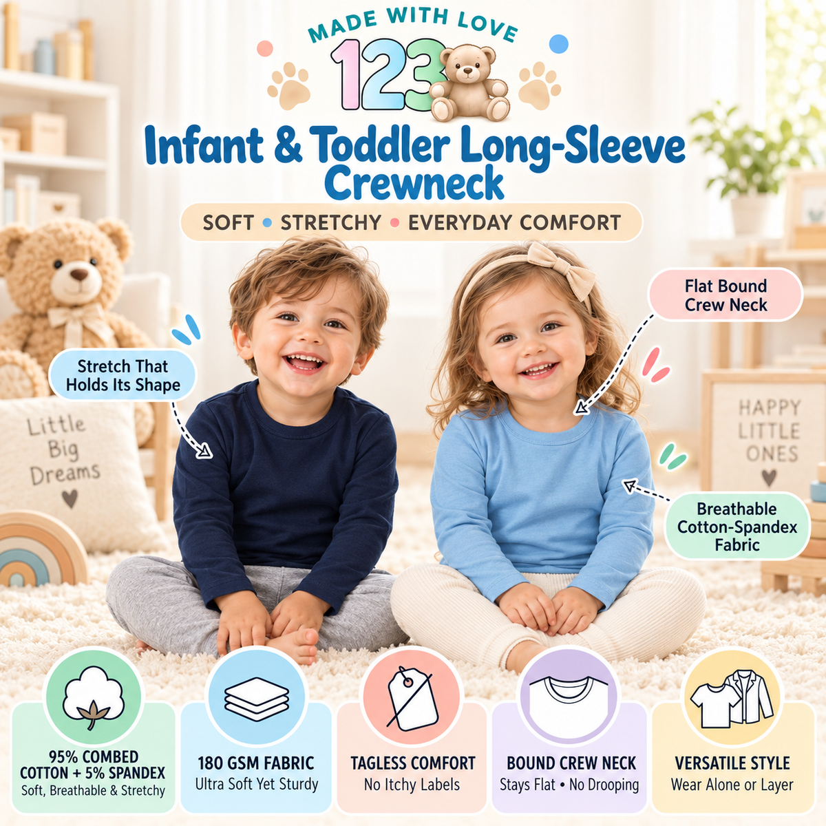 123 Bear Infant & Toddler Soft Cotton Spandex Long Sleeve T-Shirts for Boys & Girls