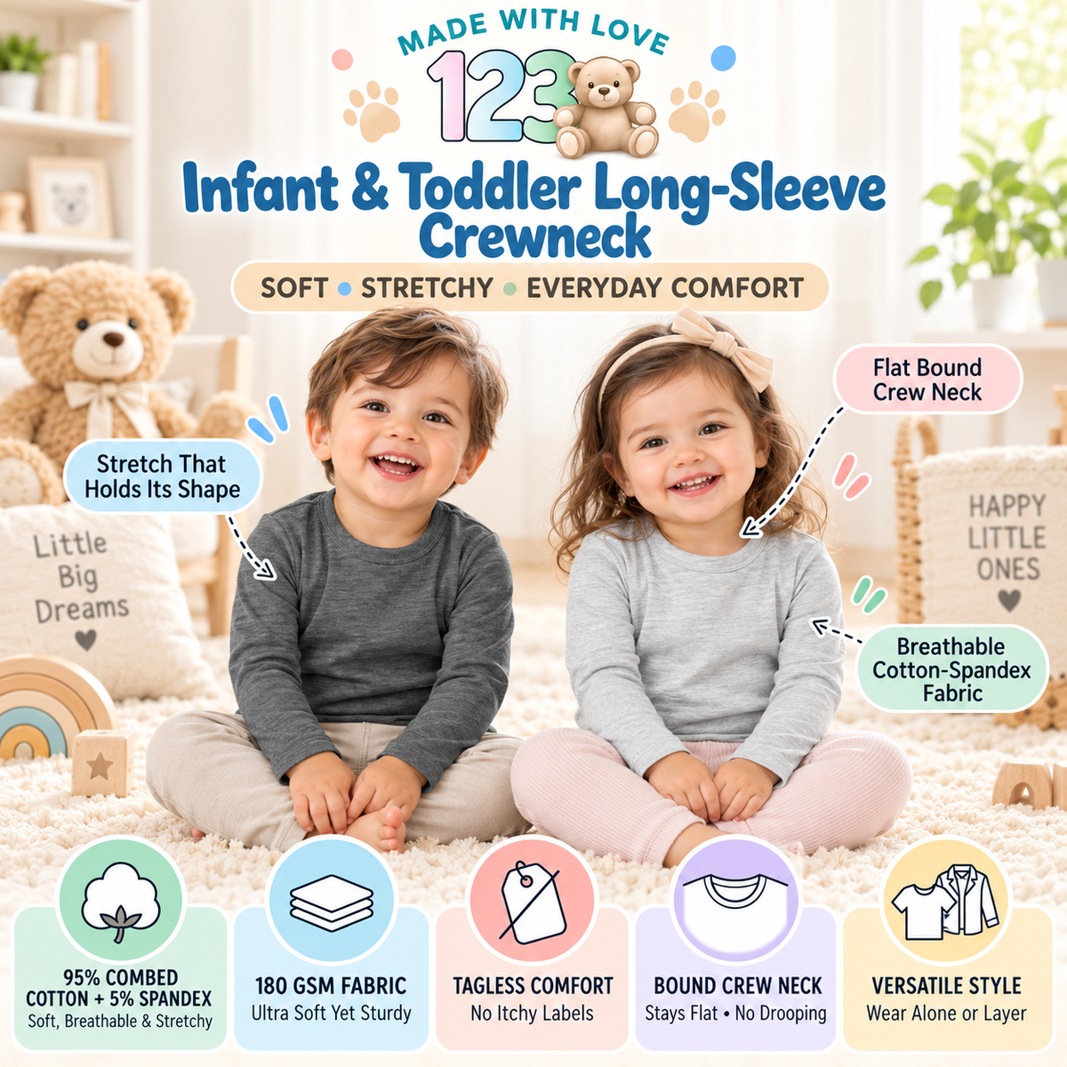 123 Bear Infant & Toddler Soft Cotton Spandex Long Sleeve T-Shirts for Boys & Girls