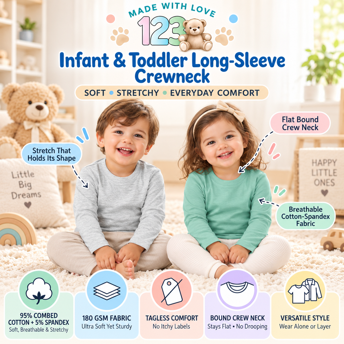 123 Bear Infant & Toddler Soft Cotton Spandex Long Sleeve T-Shirts for Boys & Girls