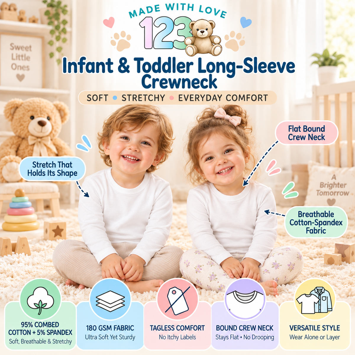 123 Bear Infant & Toddler Soft Cotton Spandex Long Sleeve T-Shirts for Boys & Girls