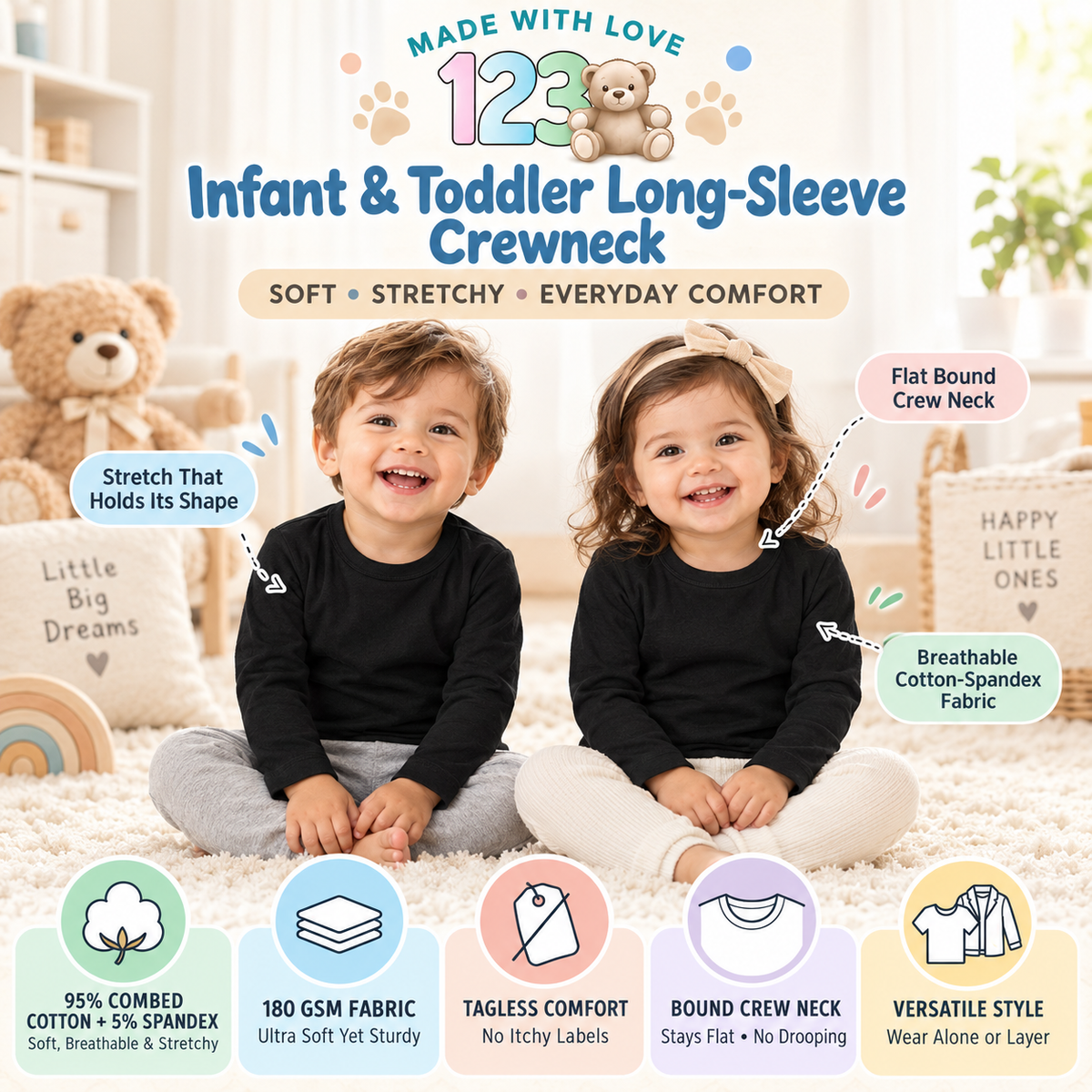 123 Bear Infant & Toddler Soft Cotton Spandex Long Sleeve T-Shirts for Boys & Girls