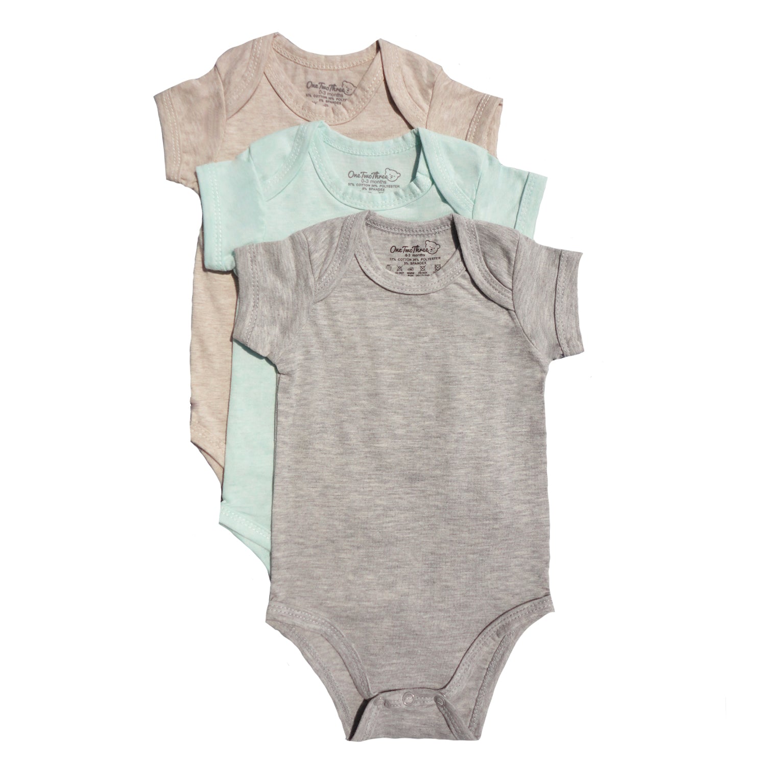 123 Bear Cotton Spandex Baby Bodysuits- Short Sleeve 3 Pack